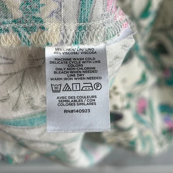 LOFT size L puff sleeve midi dress linen blend beige floral belted split neck - Picture 16 of 16